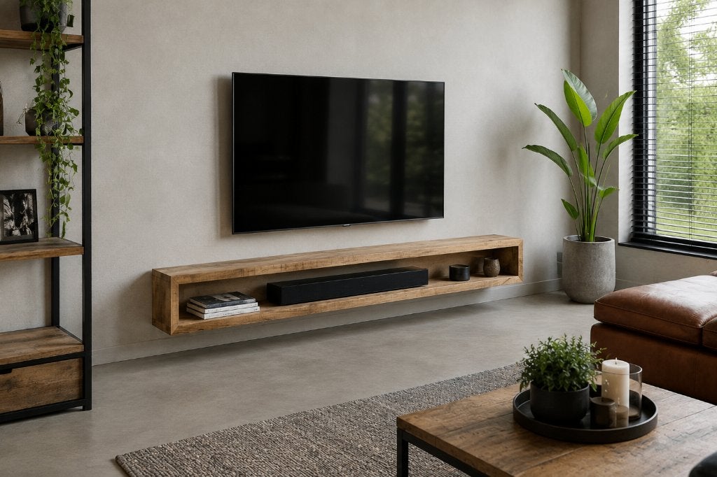 ACTIE Hangend TV-meubel mangohout 160 & 220 cm OP = OP, Huis en Inrichting, Kasten | Televisiemeubels, Ophalen, Nieuw, 200 cm of meer