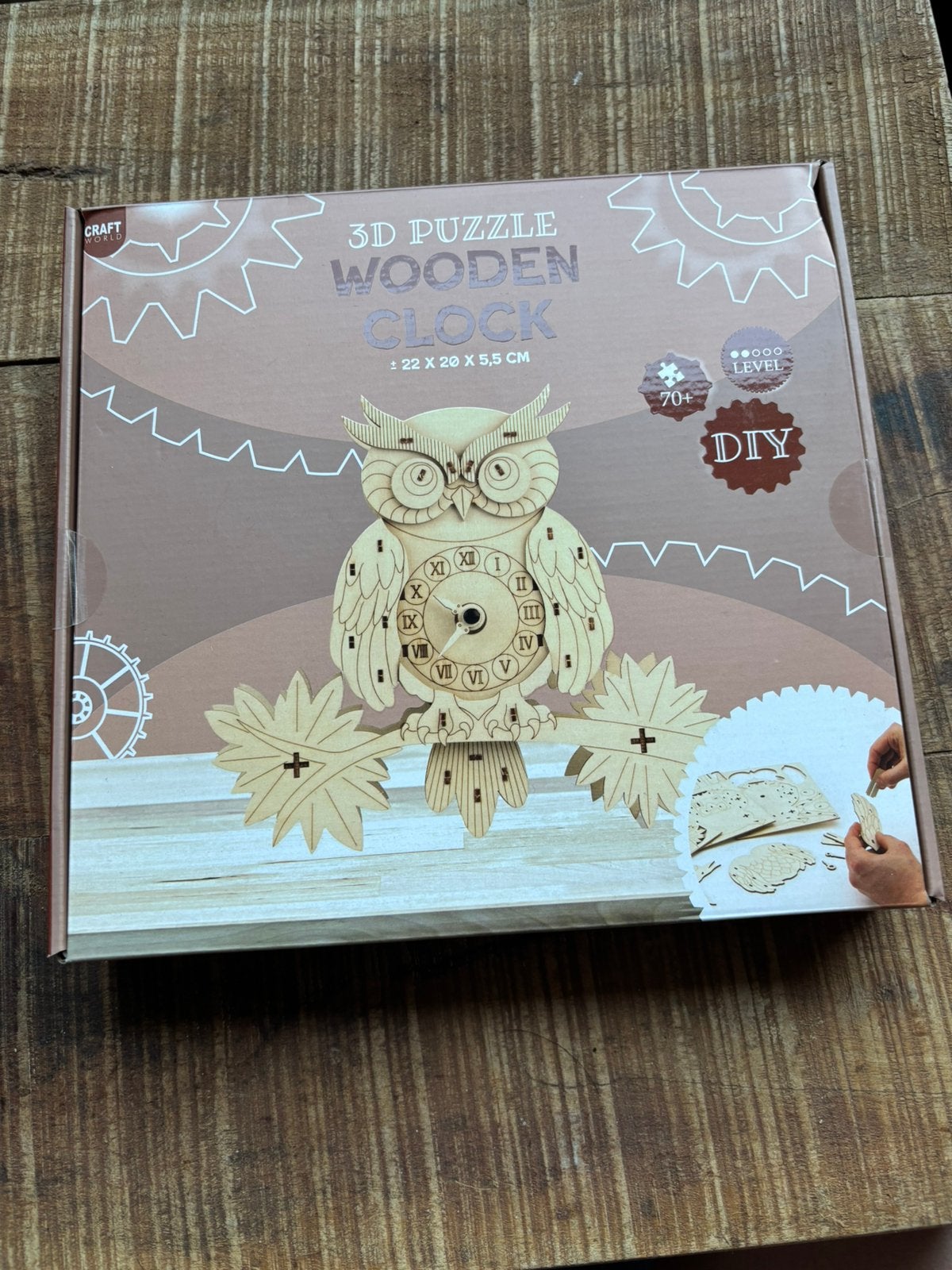 3D puzzel Wooden Clock Uil, Handgemaakt, Overige typen, Dieren, Nieuw