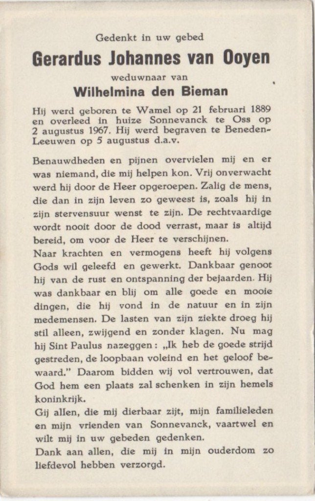 Gerardus J. van Ooyen 1889 Wamel + 1967 Oss/Beneden-Leeuwen, Ophalen of Verzenden