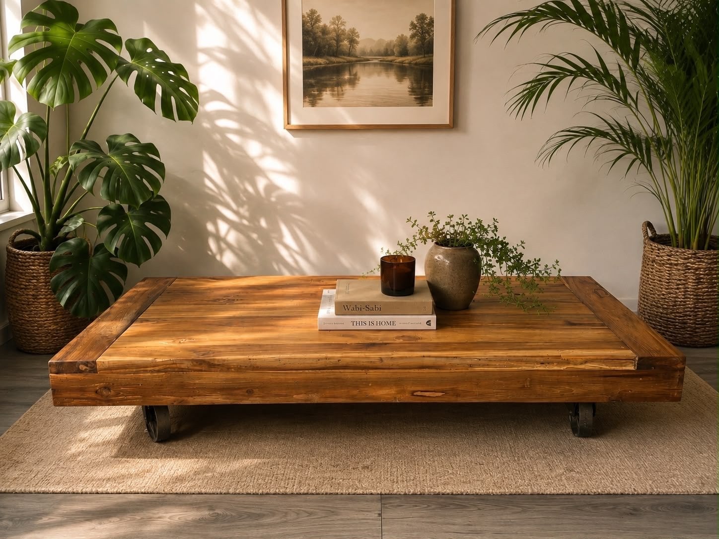 Massief Teakhouten Salontafel op Wielen, Ophalen, Gebruikt, 100 tot 150 cm, 150 tot 200 cm