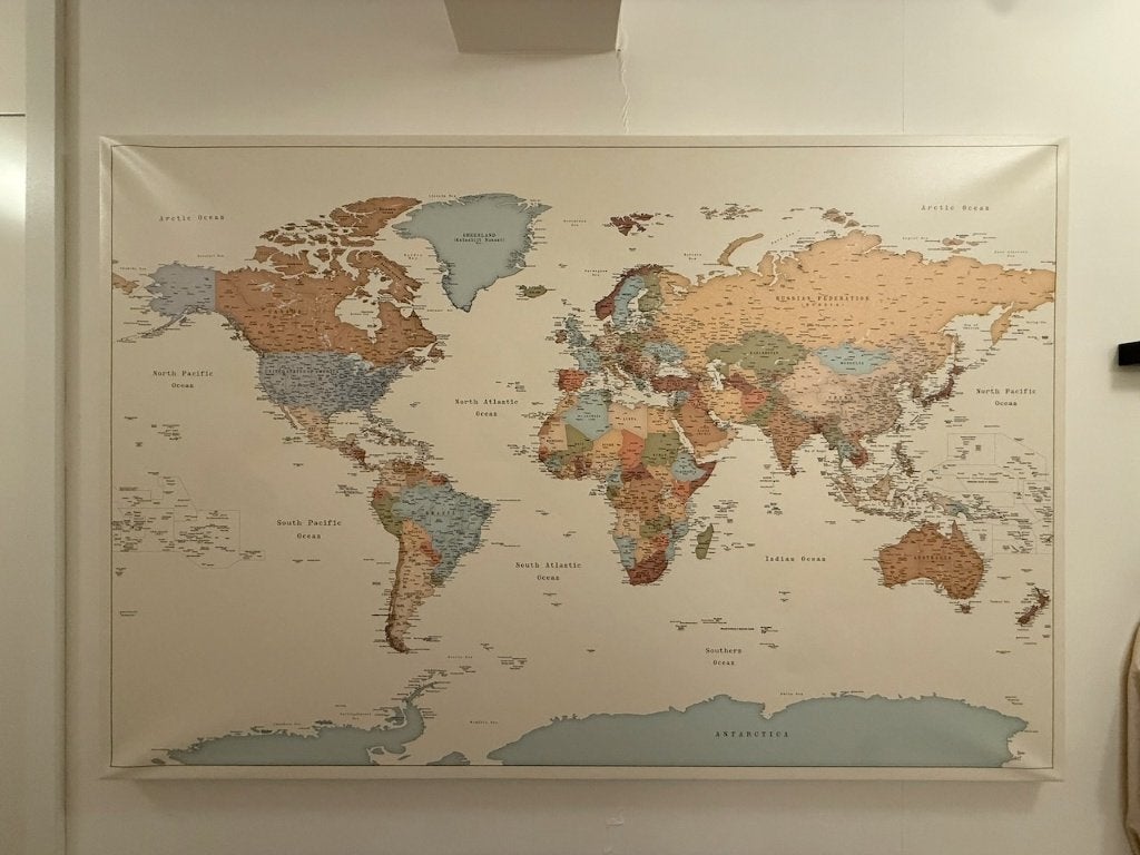 Trip Map wereldkaart XL – canvas pinbord, Schilderij, Vintage, Textiel, 100 cm