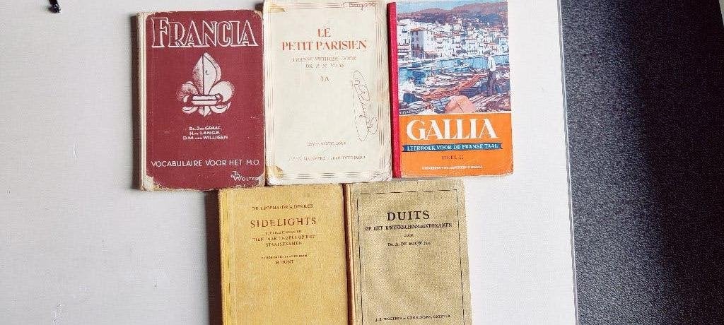Oude schoolboeken Frans en Duits - Vintage lesmateriaal, Frans, Dr. J. de Graaf, H. de Lange, D.M. van Willigen (voor 'Francia')