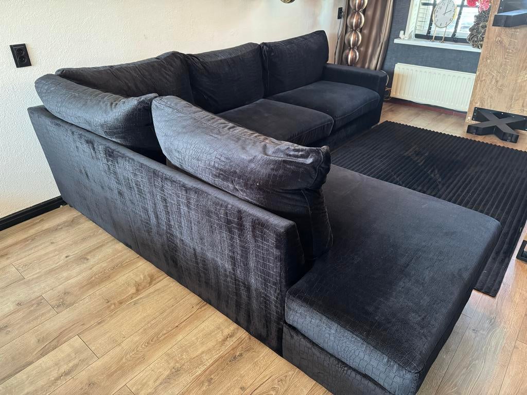 Hoekbank met lounge, zwart 'croco-look', Huis en Inrichting, Ophalen, Gebruikt, 100 tot 125 cm, Hoekbank
