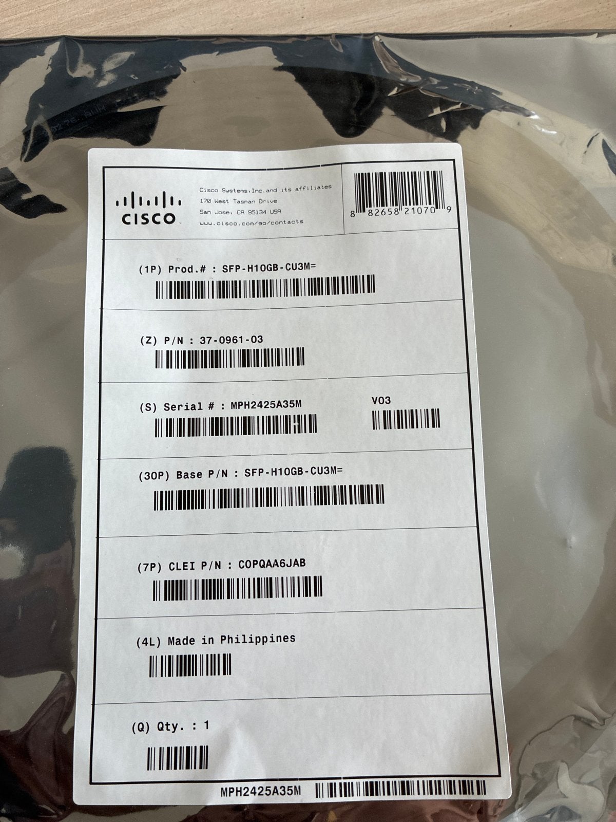Cisco SFP-H10GB-CU3M= 10GBASE-CU SFP+ kabel 3M, Computers en Software, Ophalen of Verzenden, Nieuw