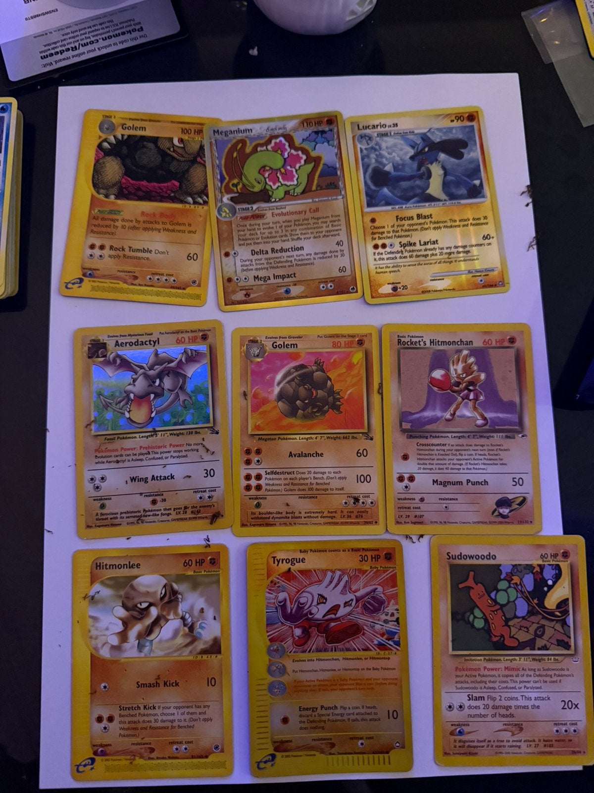 vintage – Golem, Meganium, Lucario, Aerodactyl e.a., Hobby en Vrije tijd, Ophalen of Verzenden, Gebruikt, Meerdere kaarten
