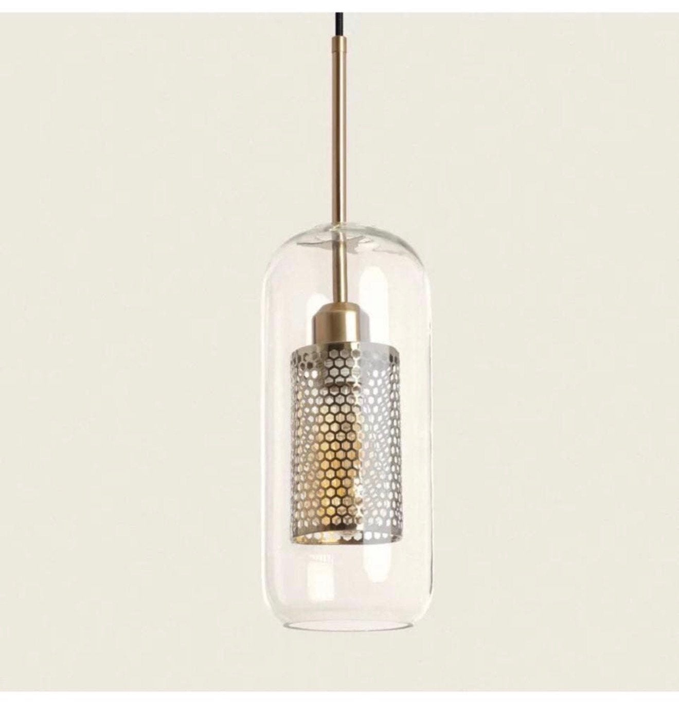 LED hanglamp Julieta Lungo industrieel goud + glas lantaarn, Huis en Inrichting, L, Nieuw, Glas, L