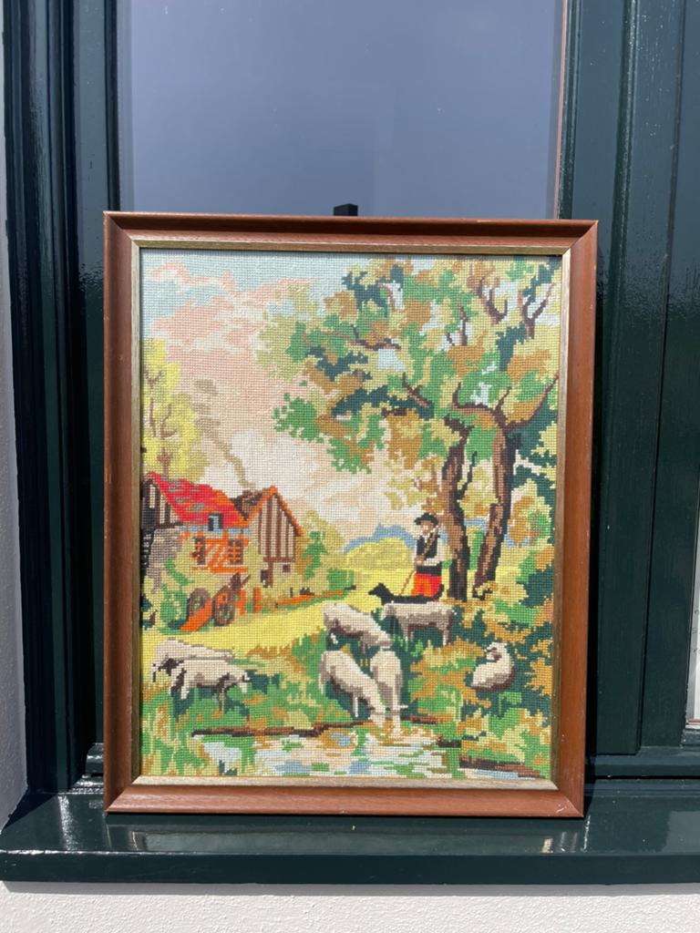Vintage jaren 70/ jaren 60 herders geborduurd schilderij, Ophalen