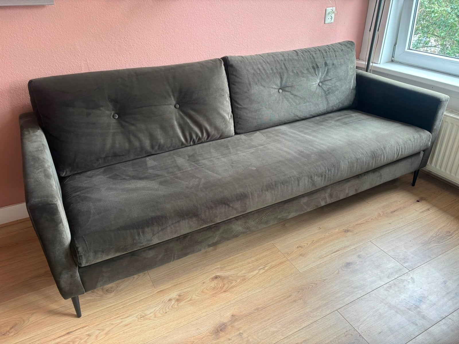 Velvet groene driezitsbank - in goede staat, Ophalen, Driepersoons, 75 tot 100 cm, Zo goed als nieuw