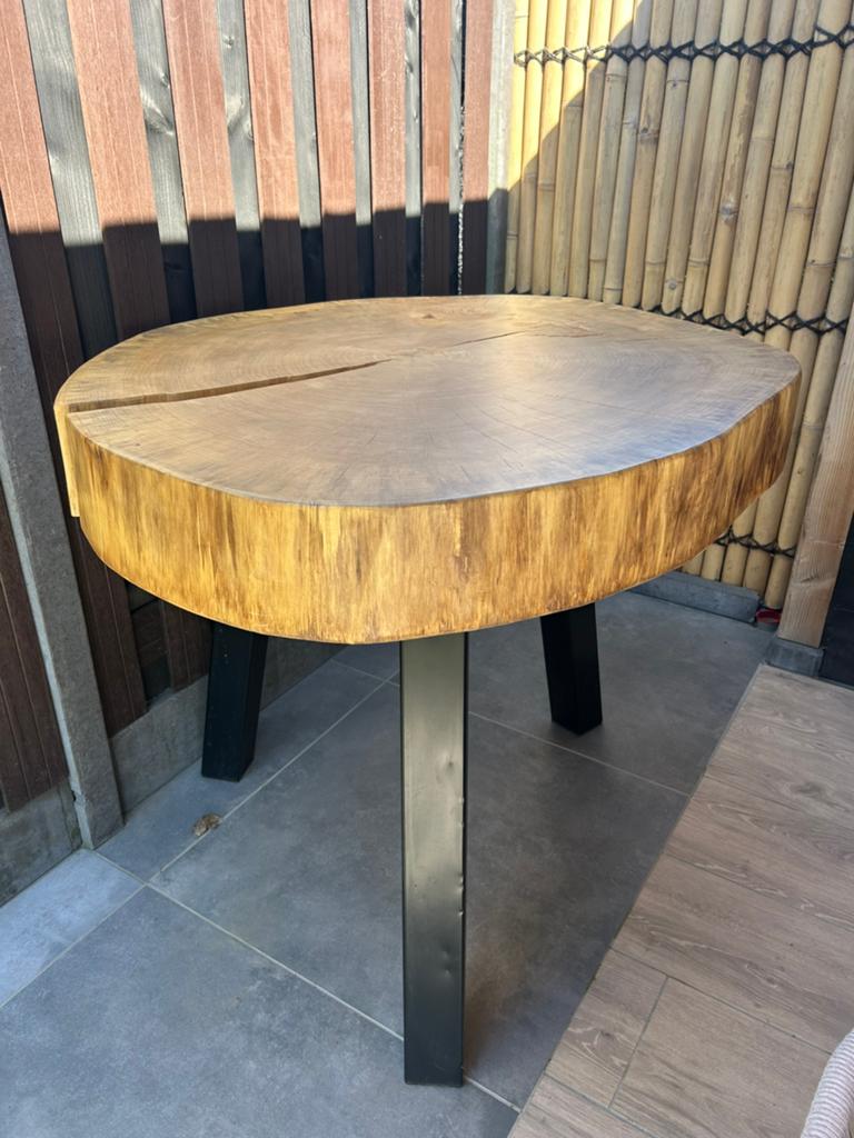 Stoere boomstam hangtafel/ statafel, Tuin en Terras, Ophalen, Zo goed als nieuw, Rond, Hout