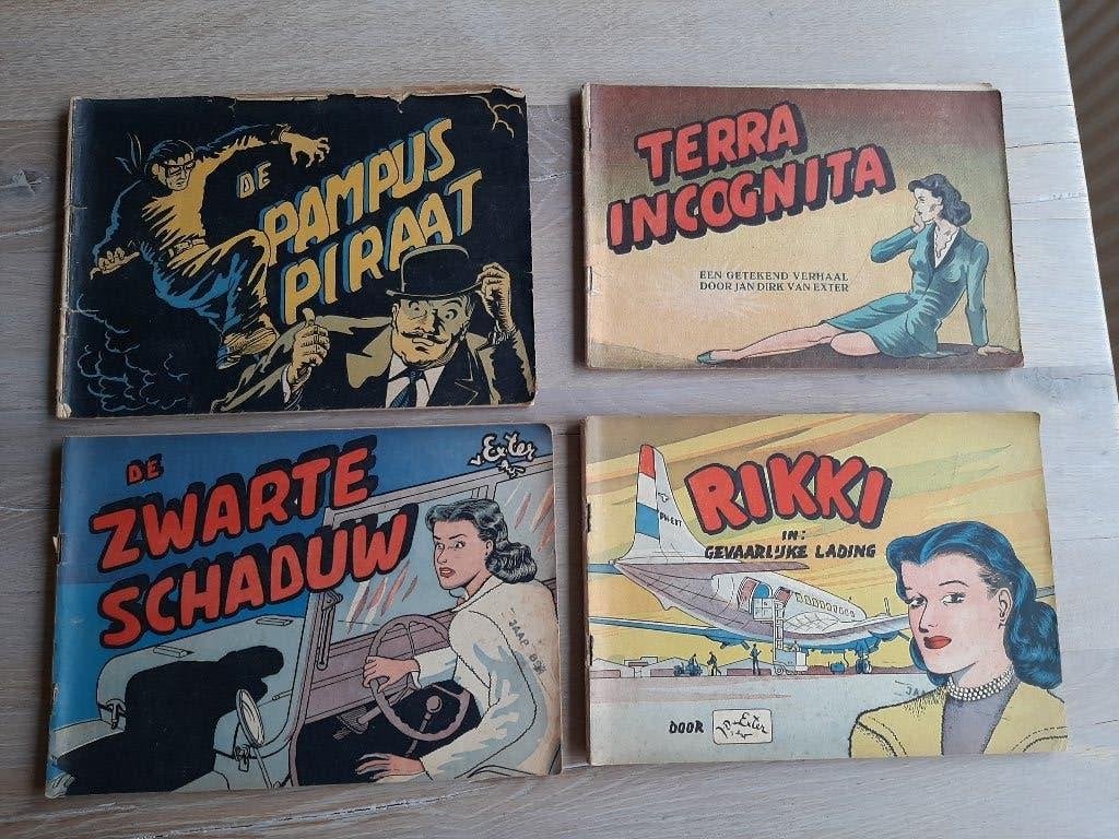 4 oude originele strips Rikki Visser J.D. van Exter, jr40-50, Gelezen, Ophalen of Verzenden, Jan Dirk van Exter, Meerdere stripboeken