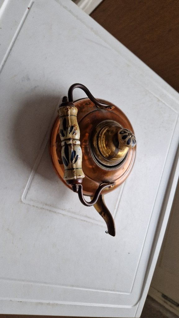 antieke koperen waterketel met delfts blauw, Ophalen of Verzenden, Koper