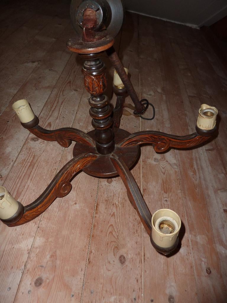 VINTAGE 5 ARMIGE HOUTEN HANGLAMP (KROONLUCHTER), Huis en Inrichting, Lampen | Kroonluchters, Ophalen, Gebruikt, Hout, KLASSIEK