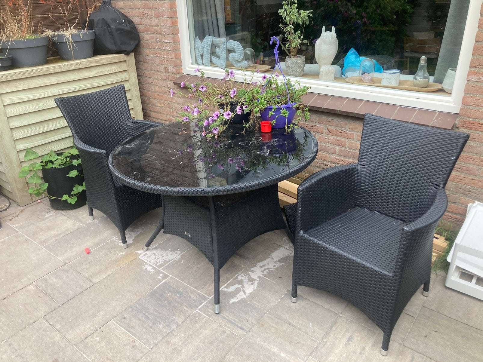 Set van glazentafel en twee stoelen, Ophalen, Gebruikt, 2 zitplaatsen
