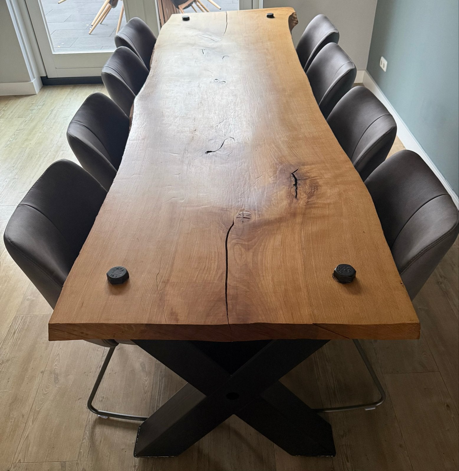 Boomstamtafel 270x85x81cm met stalen X-poot, Huis en Inrichting, Tafels | Eettafels, Ophalen, Gebruikt, 200 cm of meer, 50 tot 100 cm