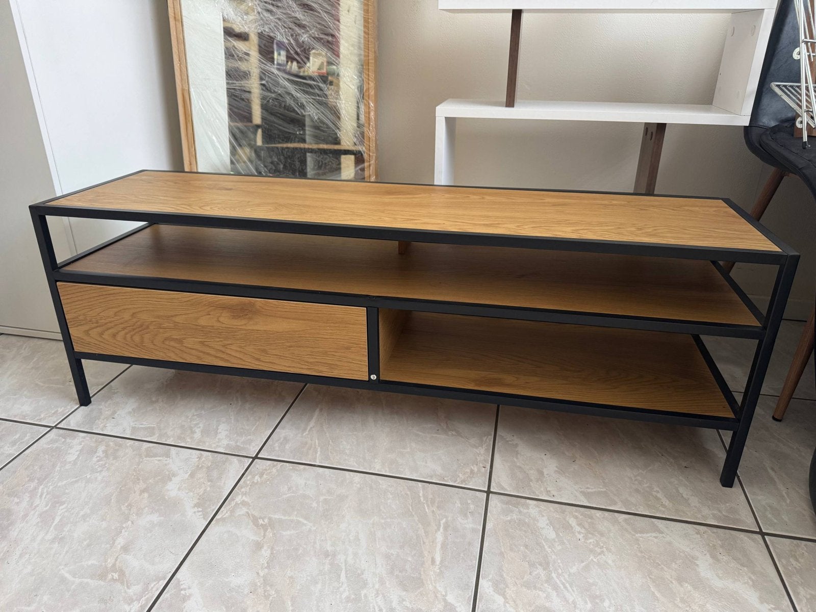 Modern TV-meubel met lade - Hout en Metaal, Ophalen, 100 tot 150 cm, Zo goed als nieuw, Minder dan 100 cm