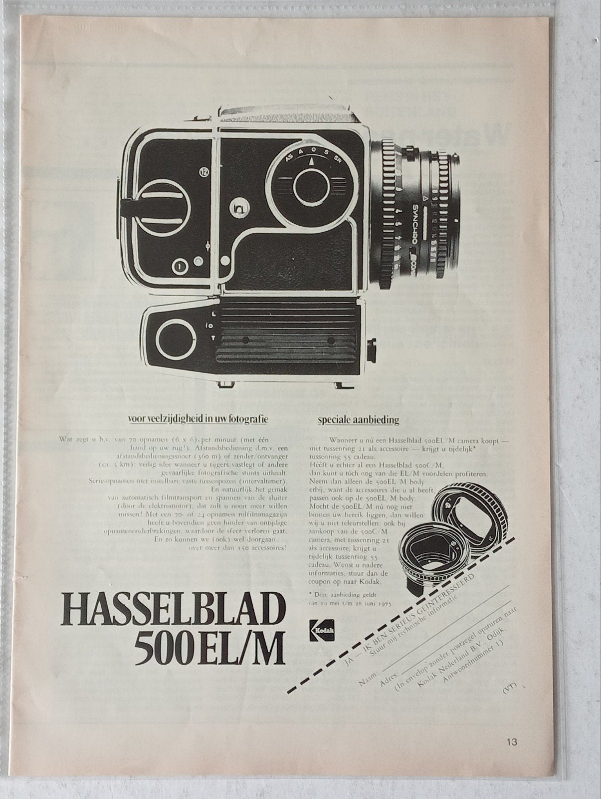 Hasselblad 500EL/M advertentie - begin jaren '70, Ophalen of Verzenden