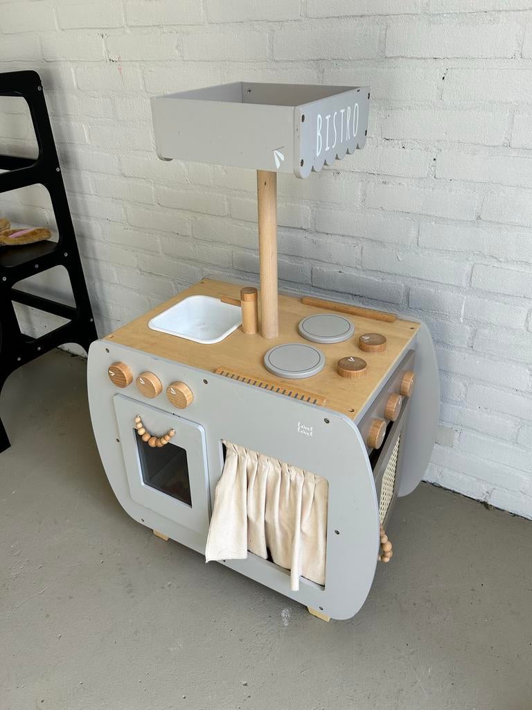 Houten speelkeuken met bistro-uithangbord, Ophalen, Gebruikt, Hout, Speelkeuken