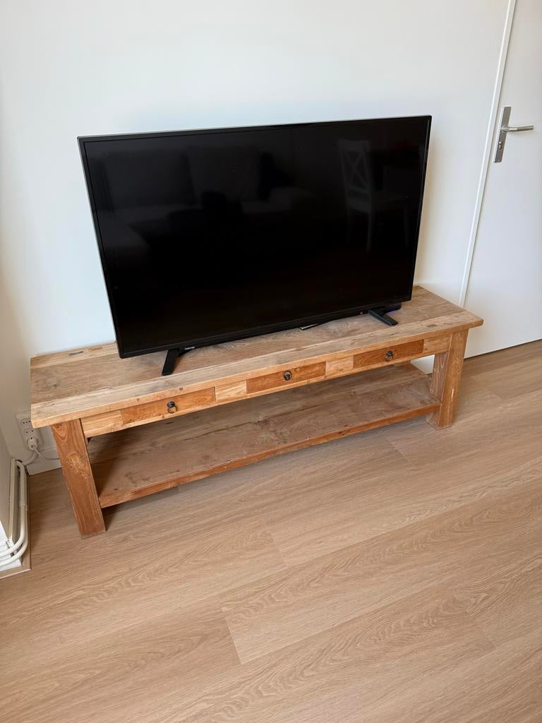 Robuust Massief Teakhouten TV Meubel met Lades en Plank, Huis en Inrichting, Ophalen, Gebruikt, 150 tot 200 cm, Teakhout