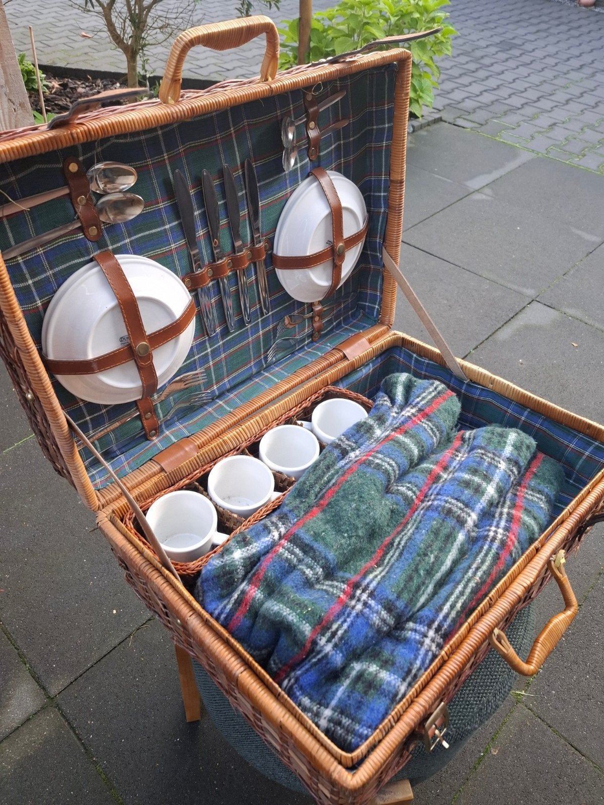 Vintage Picknickkoffer met Servies en Deken - Compleet!, Ophalen of Verzenden, Gebruikt