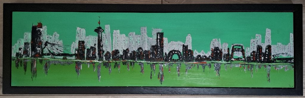 Skyline Rotterdam ( olieverf  24,5 x 80 cm ) incl. lijst., Oorspronkelijke maker, Nieuw, Ophalen of Verzenden, Schilderij