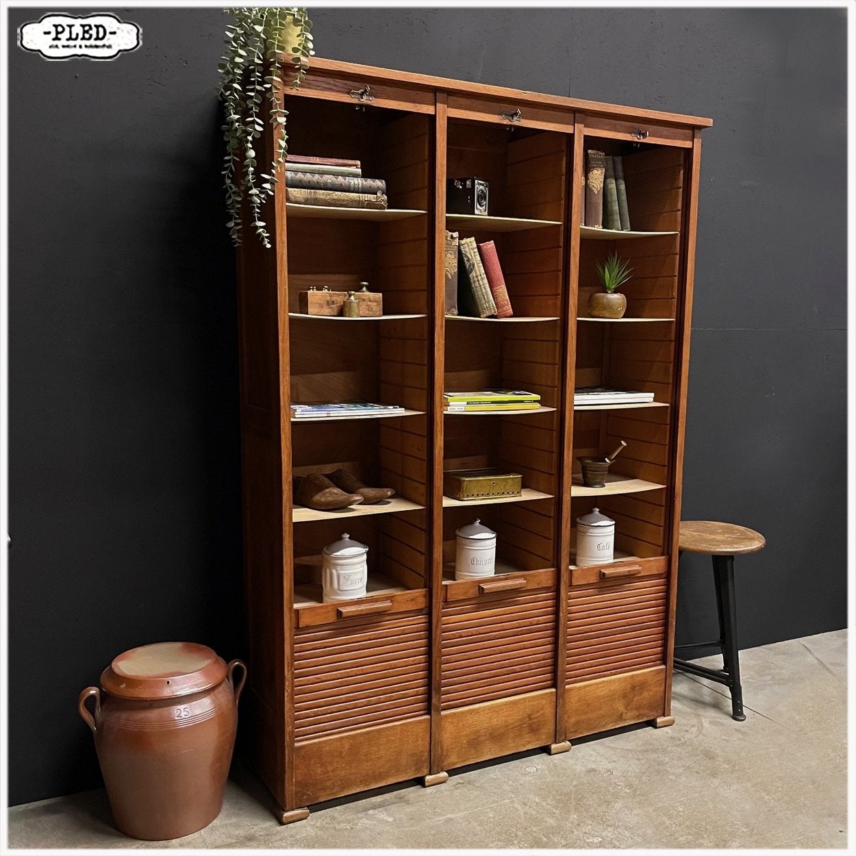 Driedeurs roldeurkast Kast Archiefkast Vintage Boekenkast, Ophalen, Gebruikt, 100 tot 150 cm, Eikenhout