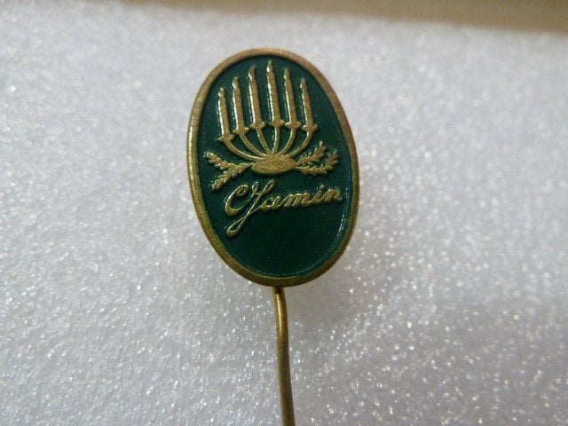 Vintage Jamin Speldje/Pin - Groen met Gouden Letters, Ophalen of Verzenden, Gebruikt, Overige onderwerpen, Speldje of Pin