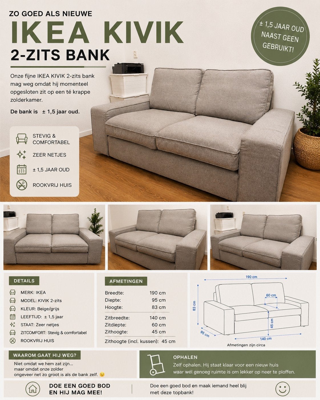 IKEA KIVIK 2-zitsbank - Zo goed als nieuw, Ophalen, 150 tot 200 cm, Tweepersoons, 75 tot 100 cm