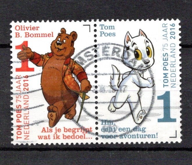 gestempelde zegel. Jaar 2016:  paartje bommel en poes, Postzegels en Munten, Ophalen of Verzenden, Na 1940, Gestempeld