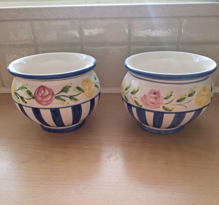2 Handgeschilderde Portugese Bloempotten - Hoofdtoon Blauw, Gebruikt, Rond, Binnen, Ophalen of Verzenden