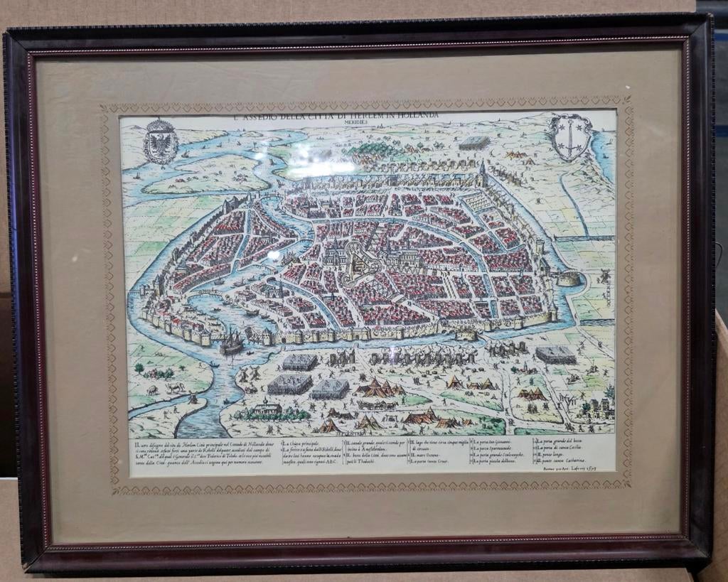 Mooie ingelijste prent van het oude Haarlem in 1573, Ophalen of Verzenden, Voor 1940, Gebruikt
