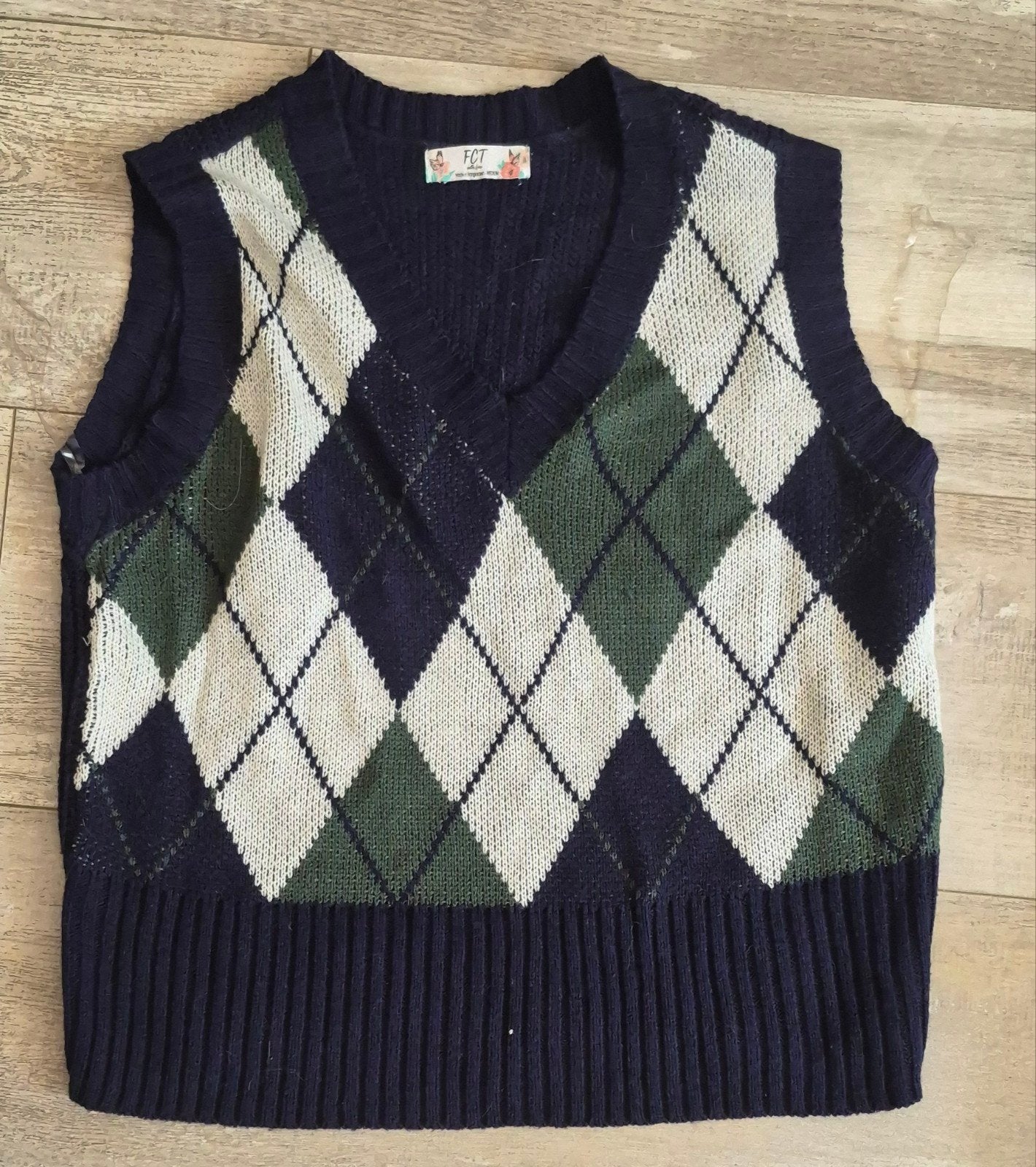 Vintage Argyle Trui Vest - Donkerblauw, Groen, Wit, Maat 38/40 (M), Blauw, Ophalen of Verzenden, Onbekend