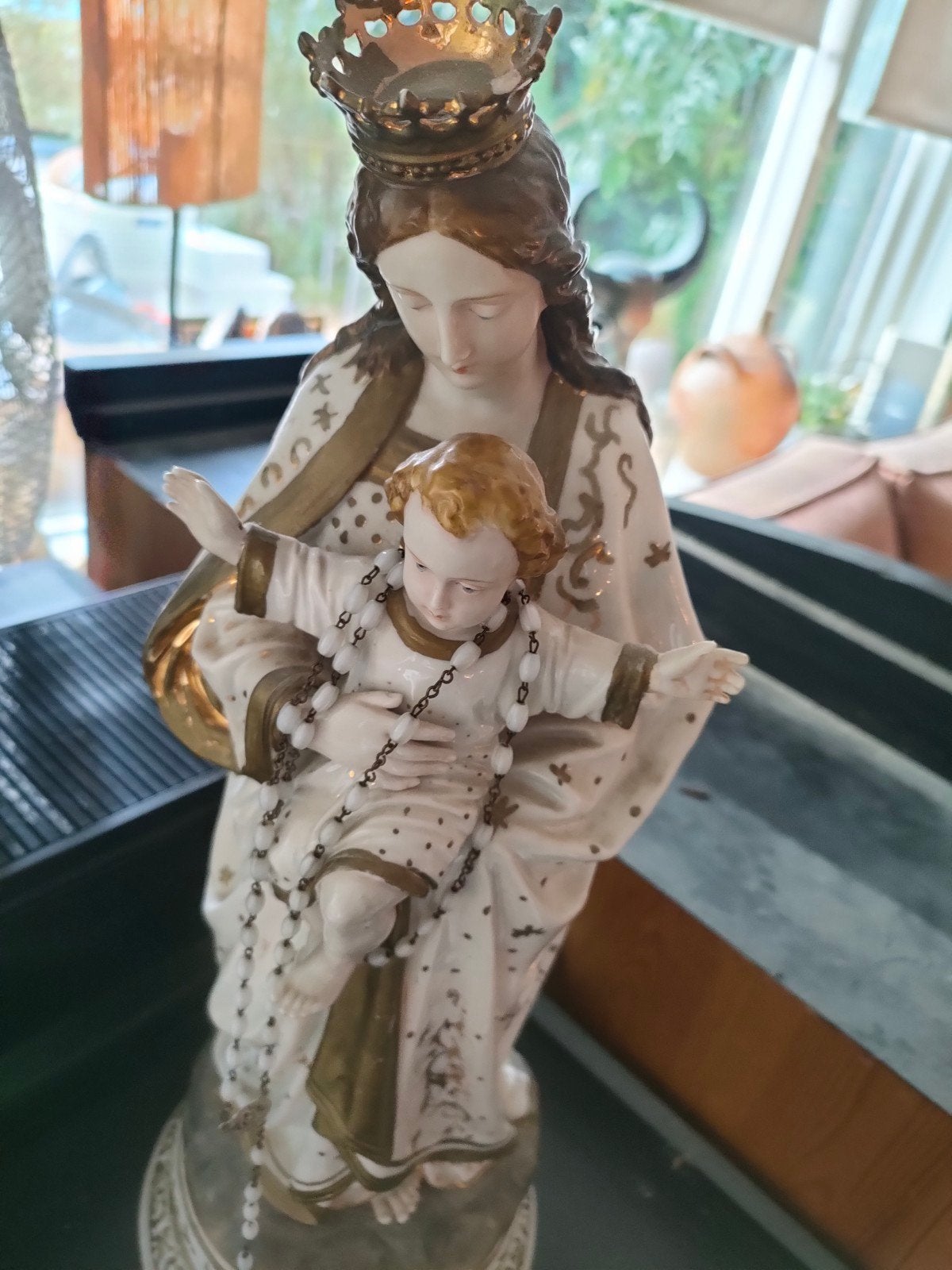 Antiek Mariabeeld met Kind en Rozenkrans - 45 cm, Antiek en Kunst, Ophalen