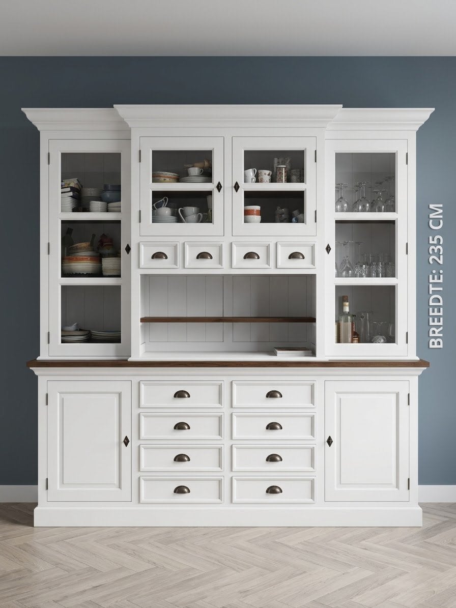 Grote witte buffetkast met vitrines en veel opbergruimte, Ophalen, Gebruikt, 200 cm of meer, Landelijk