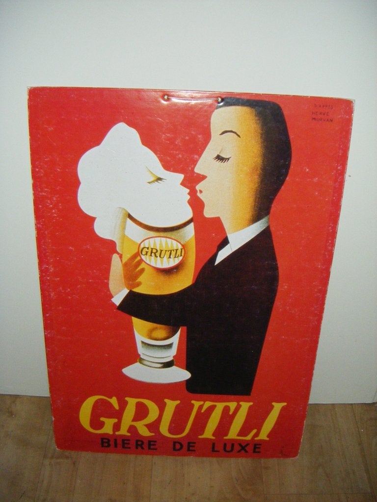 Oude Grutli biere,reklame plaat,Herve Morvan,stempel,vintage, Verzamelen, Merken en Reclamevoorwerpen, Ophalen of Verzenden, Gebruikt
