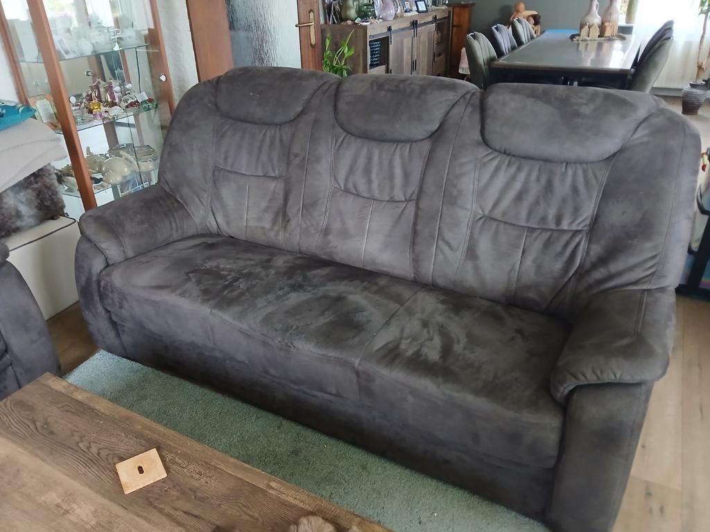 Bankstel 3-zits en 2-zits suède met leer, Huis en Inrichting, Ophalen, Gebruikt, 75 tot 100 cm, Rechte bank