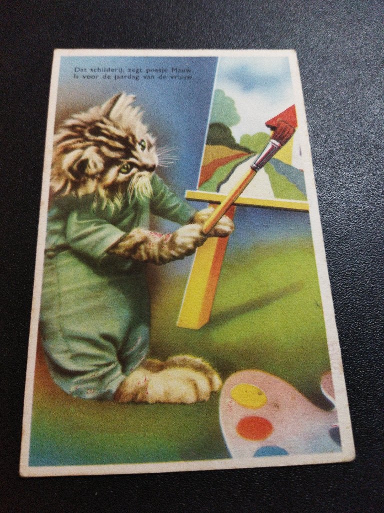 Vintage ansichtkaart poesje schildert, Ophalen of Verzenden, 1940 tot 1960, Gelopen, Overige thema's
