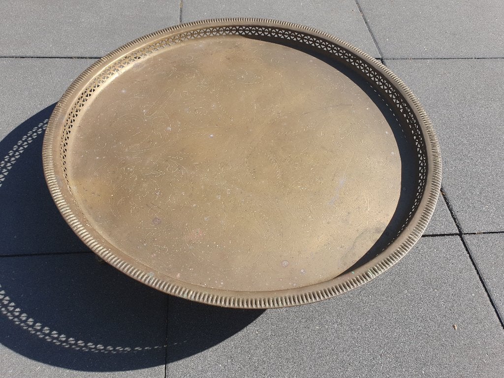 Koperen dienblad/serveertafel 3 pootjes dia. 61cm en h.14cm, Ophalen of Verzenden