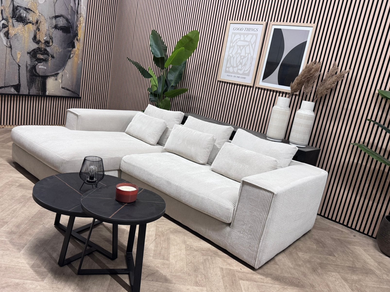 ZGAN Hippe Ribstof Hoekbank - Créme - 275 x 175, Ribstof hoekbank creme beige ribcord ribbel loungebank, -, -, Hoekbank