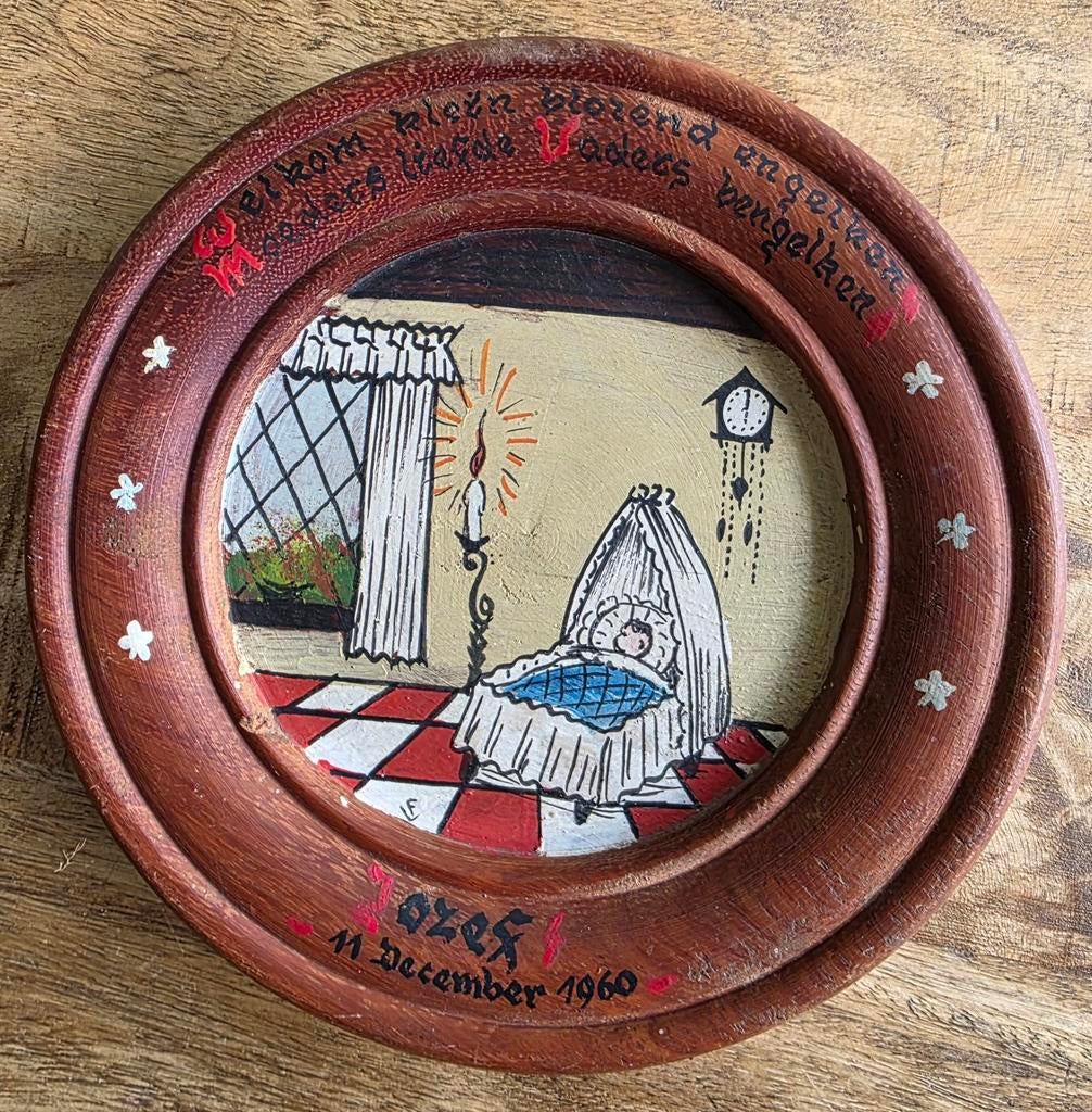 Vintage handbeschilderd geboortebord Jozef 1960, Ophalen