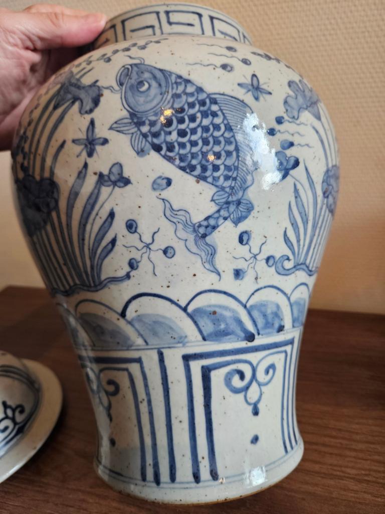 Grote Chinese vaas dekselvaas vintage vissen karpers China, Ophalen of Verzenden