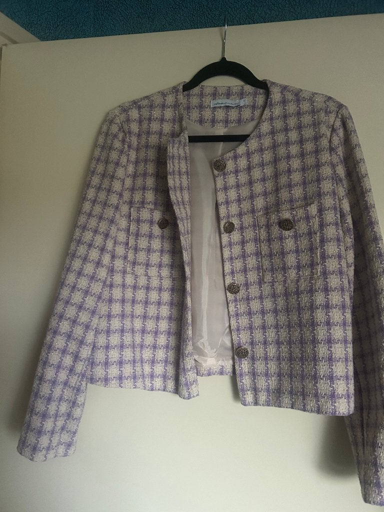 Paars geruit bouclé jasje van Azzurro mode, Azzurro, Paars, Maat 42/44 (L), Ophalen of Verzenden