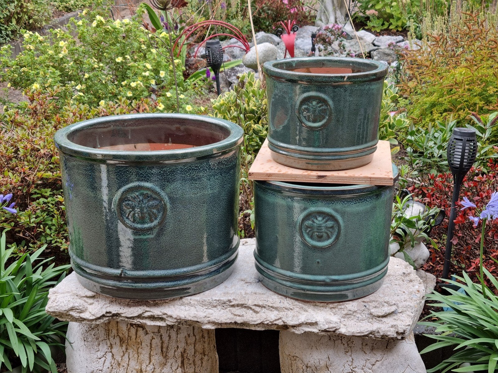 3 mooie groene cilinder BLOEMPOTTEN   SAMEN VOOR :, Tuin en Terras, Ophalen, Steen, Minder dan 30 cm, Minder dan 60 cm