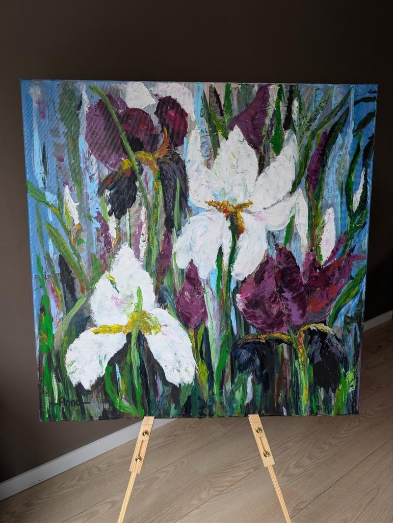 Zelfgemaak schilderij met bloemen 100X100, Ophalen of Verzenden