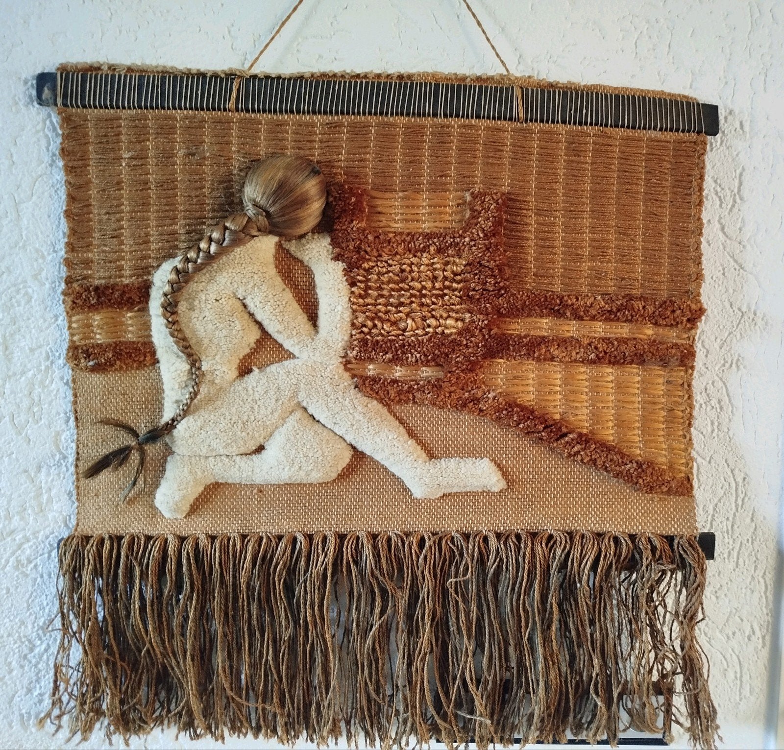 Uniek Vintage '70 Don Freedman stijl wandkleed vrouw natural, Ophalen of Verzenden