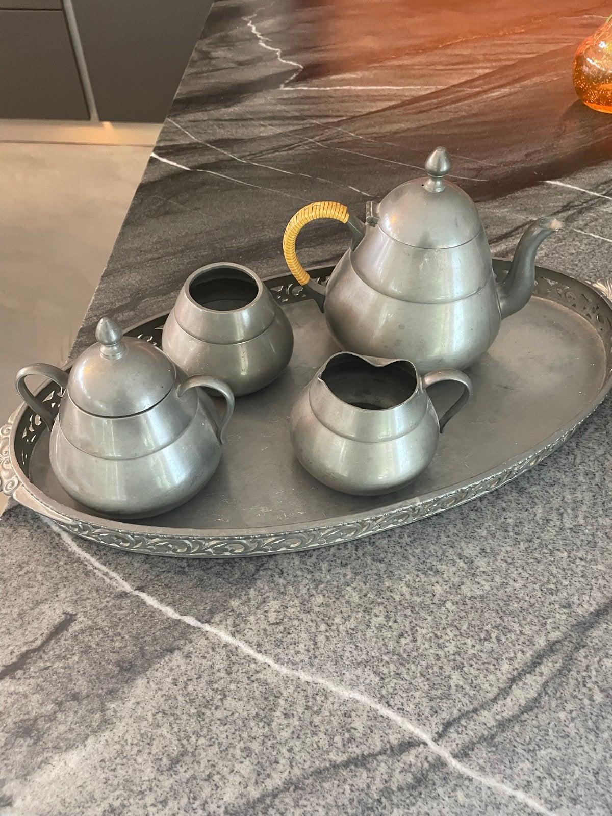 Antieke tinnen theeservies met dienblad, Antiek en Kunst, Ophalen of Verzenden