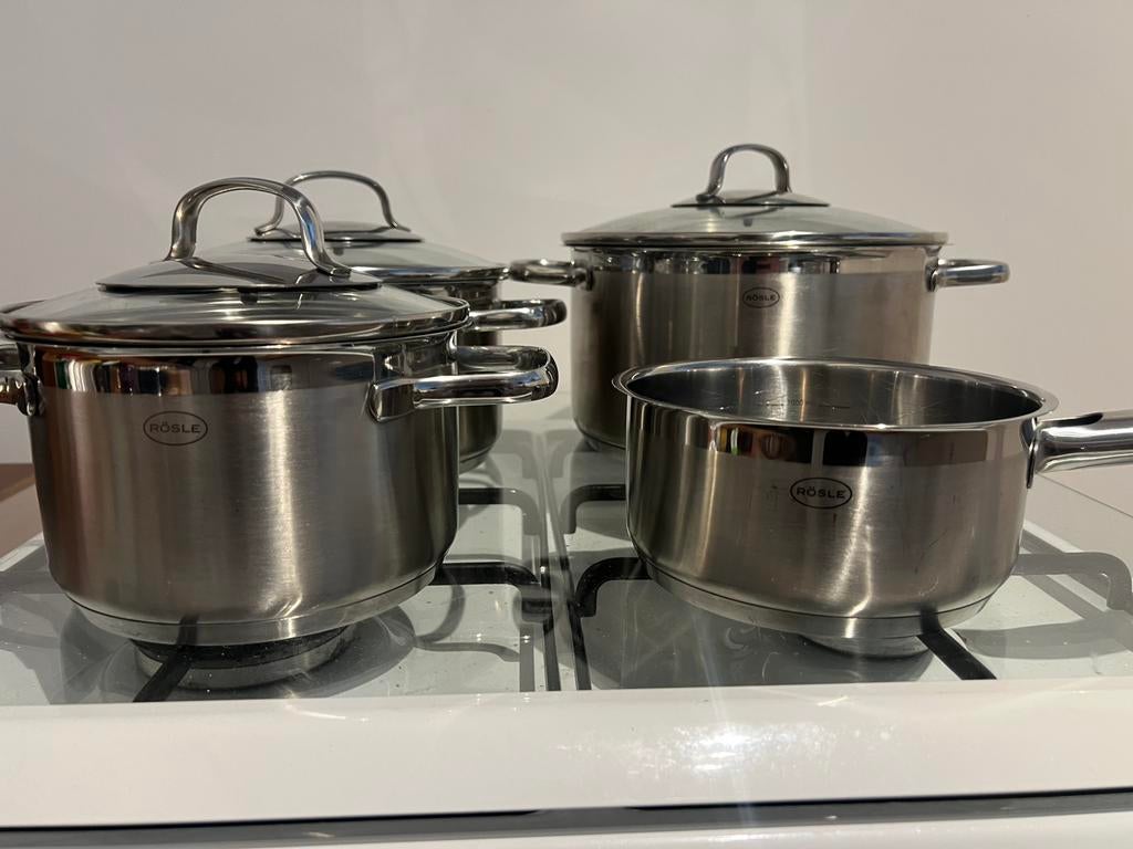 Rösle 4 pannenset - Gebruikt op gasvuur, Ophalen, Gebruikt, Rvs, Pannenset