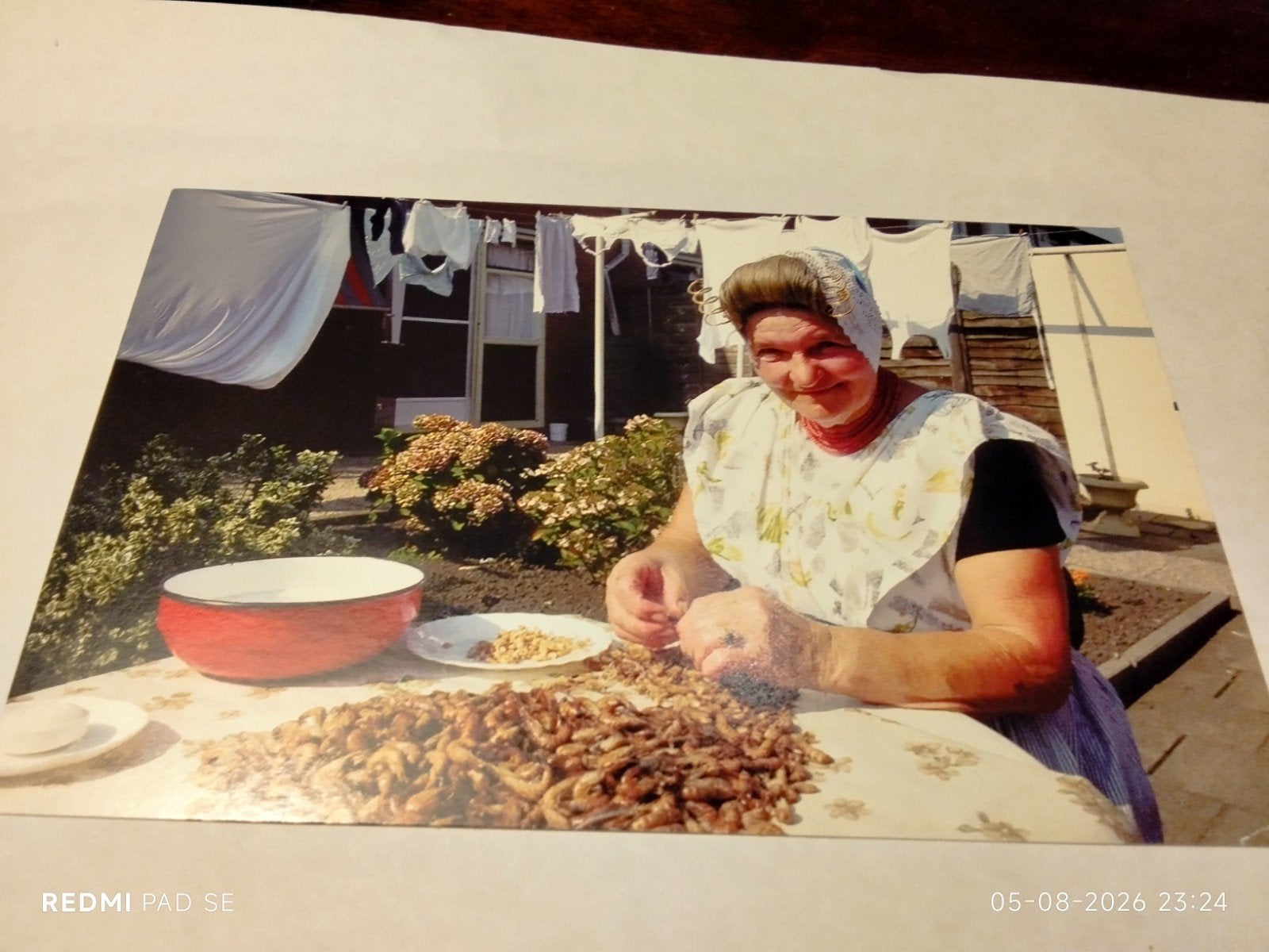 Vrouw in klederdracht garnalen pellen - Adriana Grootjans, Gebruikt, 1980 tot heden, Foto, Klederdracht