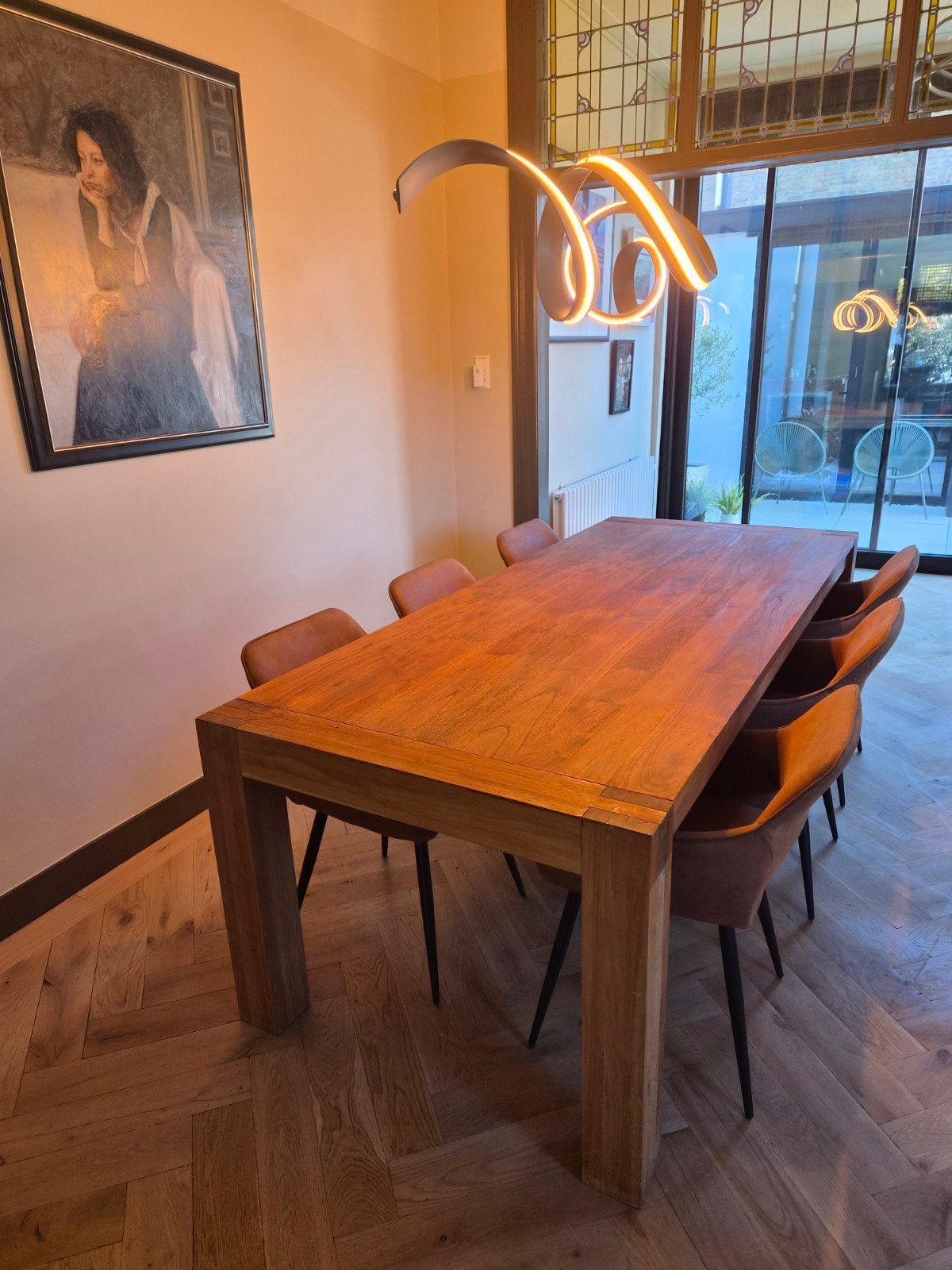 massief houten tafel 240 x 100cm + 6 stoelen, Huis en Inrichting, Tafels | Eettafels, Ophalen, Teakhout, 200 cm of meer, 50 tot 100 cm