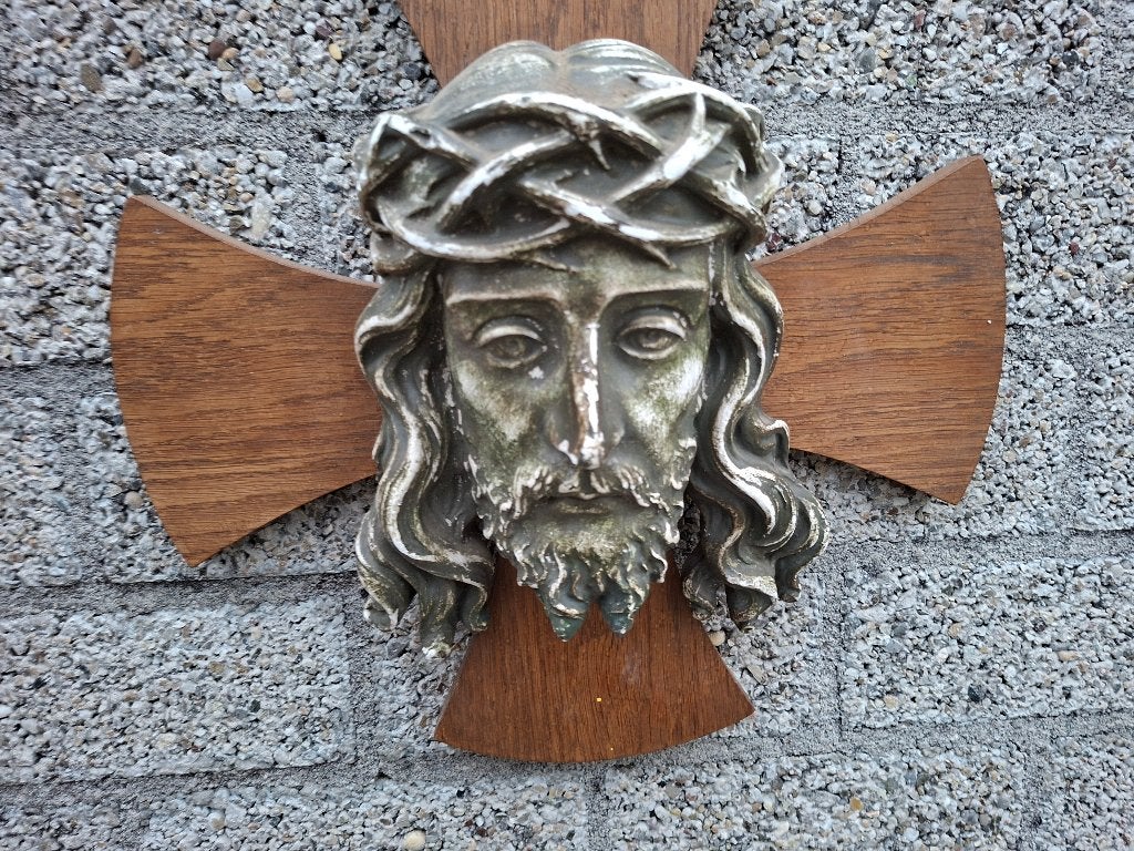 antiek houten kruisbeeld met het hooft van christus, Antiek en Kunst, Antiek | Religie, Ophalen of Verzenden