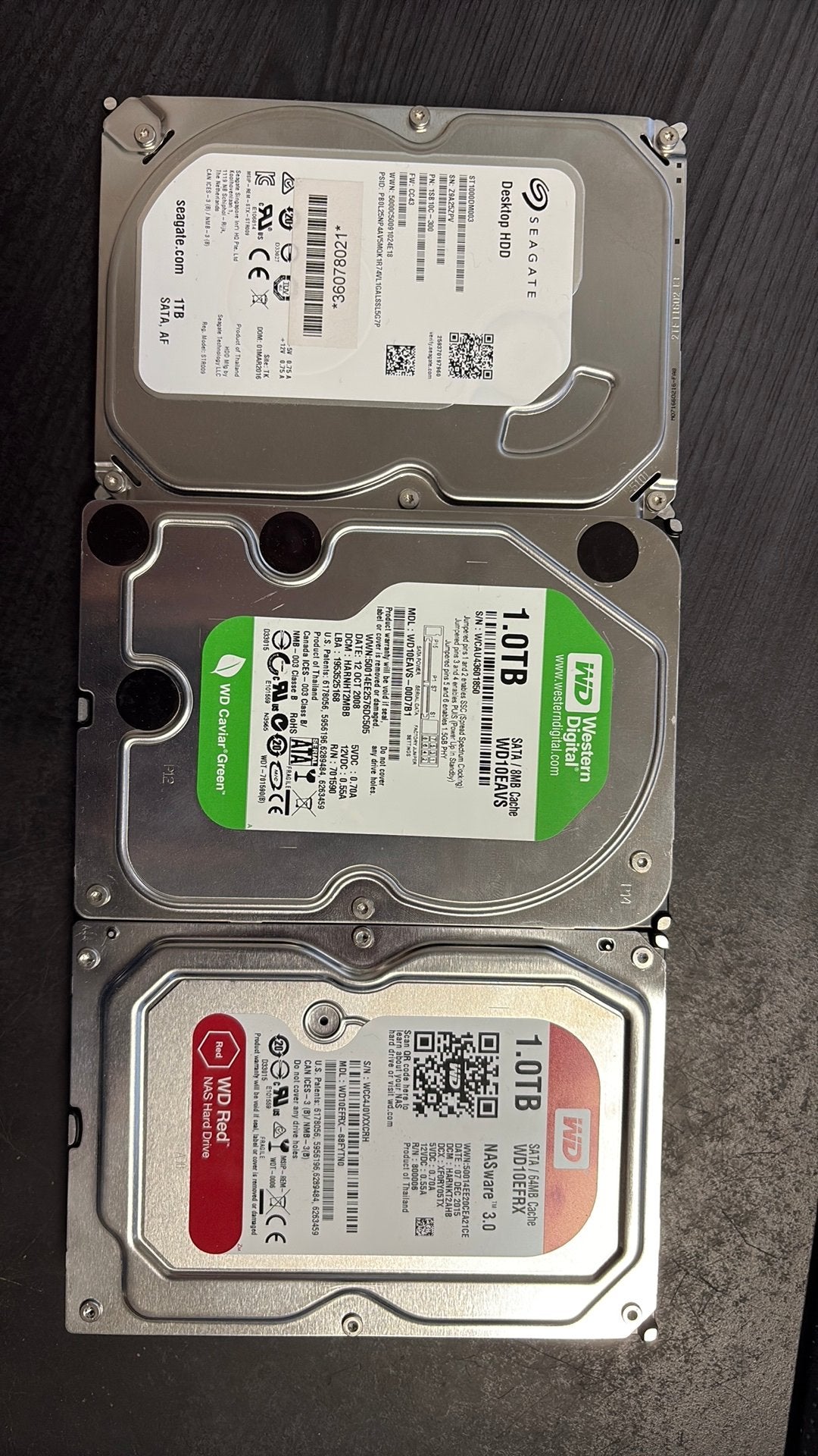 3x 1TB SATA HDD's - Seagate, WD Green, WD Red, Computers en Software, Harde schijven, Intern, Gebruikt, Server, Ophalen of Verzenden